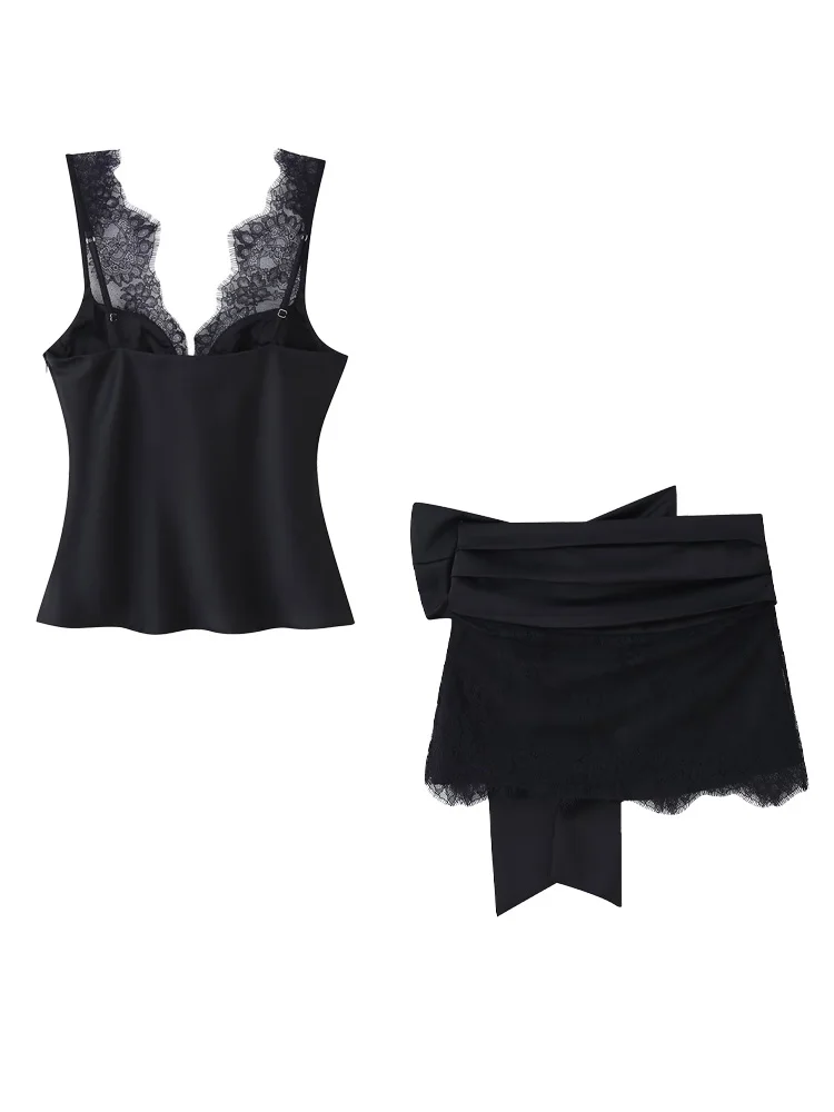 HH Women Satin Texture Lace Mini Skirt Set Zipper Vintage Top+High Waist Splice Backless Bow Decoration Pleated Summer Skirt