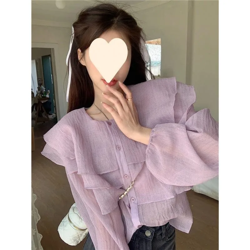 Elegant Purple Chiffon Shirt Women's Spring Summer 2026 New Design Lace Trim Lantern Sleeve Blouse Sweet Style round Neck Lon...