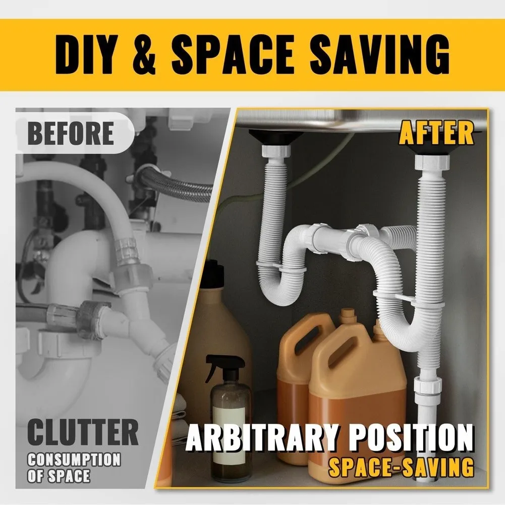 Flexible Kitchen Drain System Adjustable P Trap Kit for Double Basins Compatible with 1 1/2 and 1 1/4 Inch Pipes