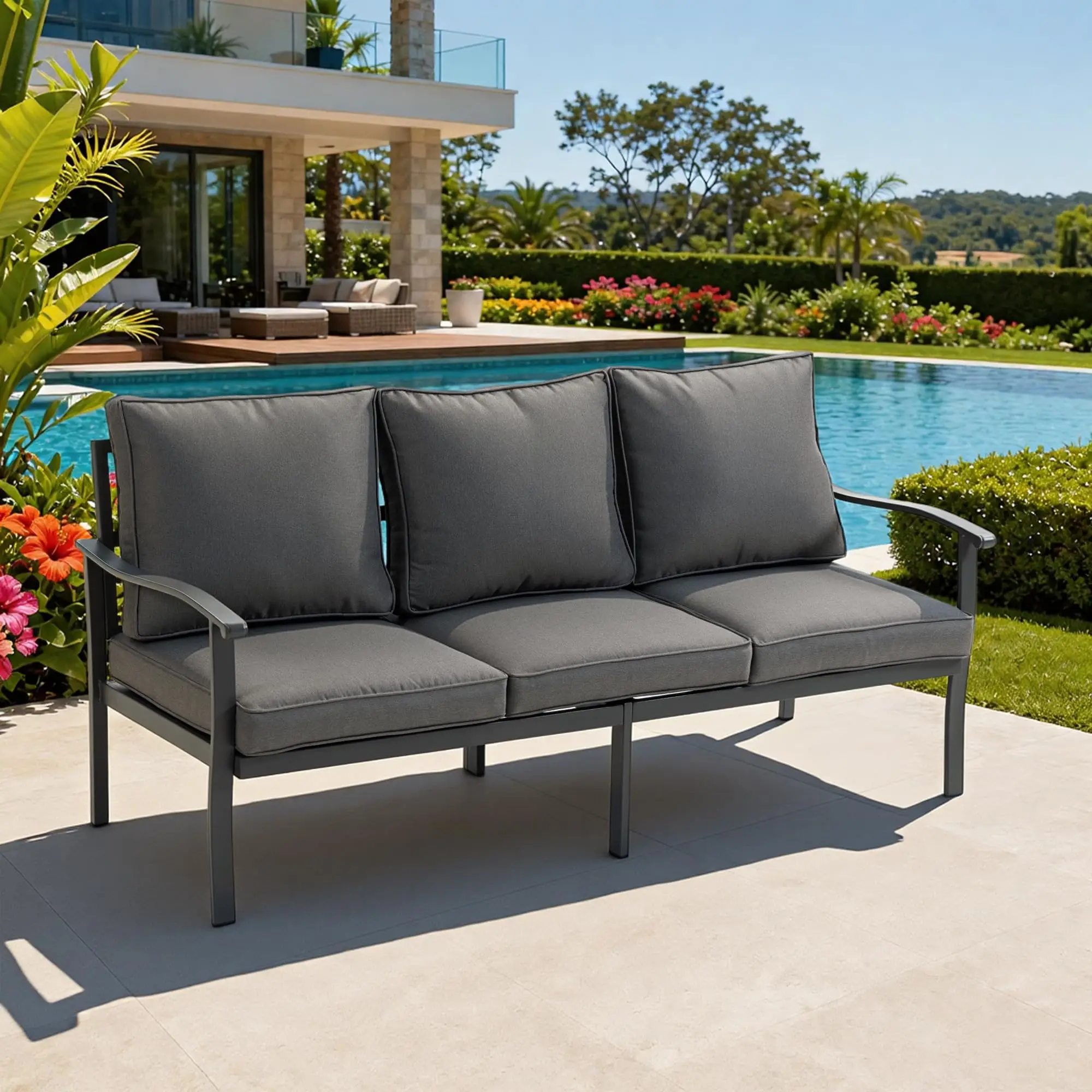 Outdoor Patio Furniture Set, 1 PCS 3-Seat, All-Weather Metal Modern Outside Sofa with Washable Thick Cushion for