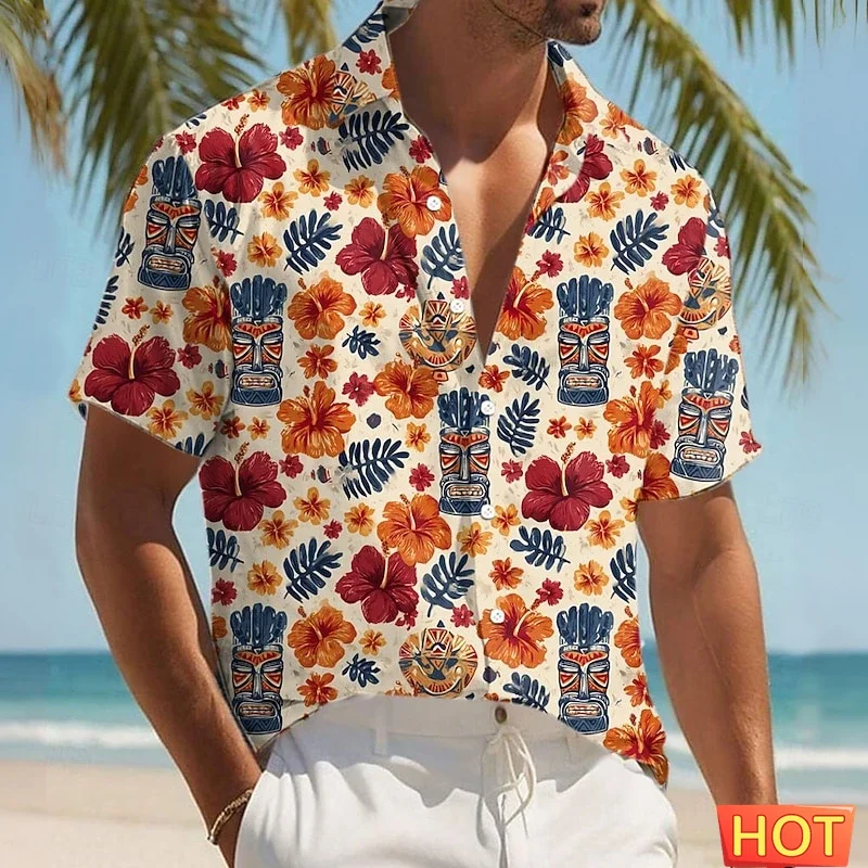 

Men's Tiki Hawaiian Shirt Tropical Floral & Tribal Mask Print Casual Short Sleeve Button Down Shirts Summer Beachwear Vacation