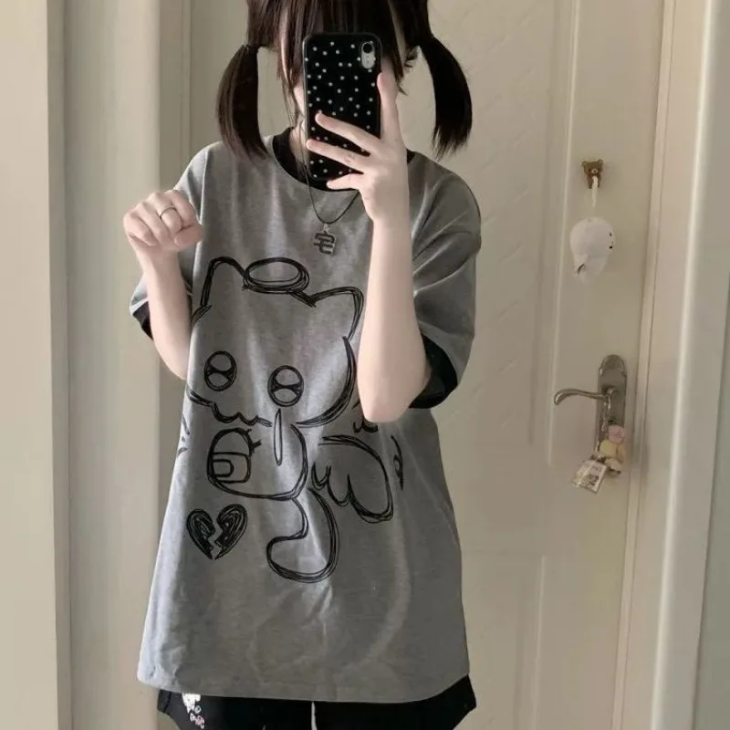 Y2k Clothes Cute Sweet Short-Sleeve T-Shirts Summer Print New  Crying Color-Blocked Kitten Student Subculture Otaku-Style Top