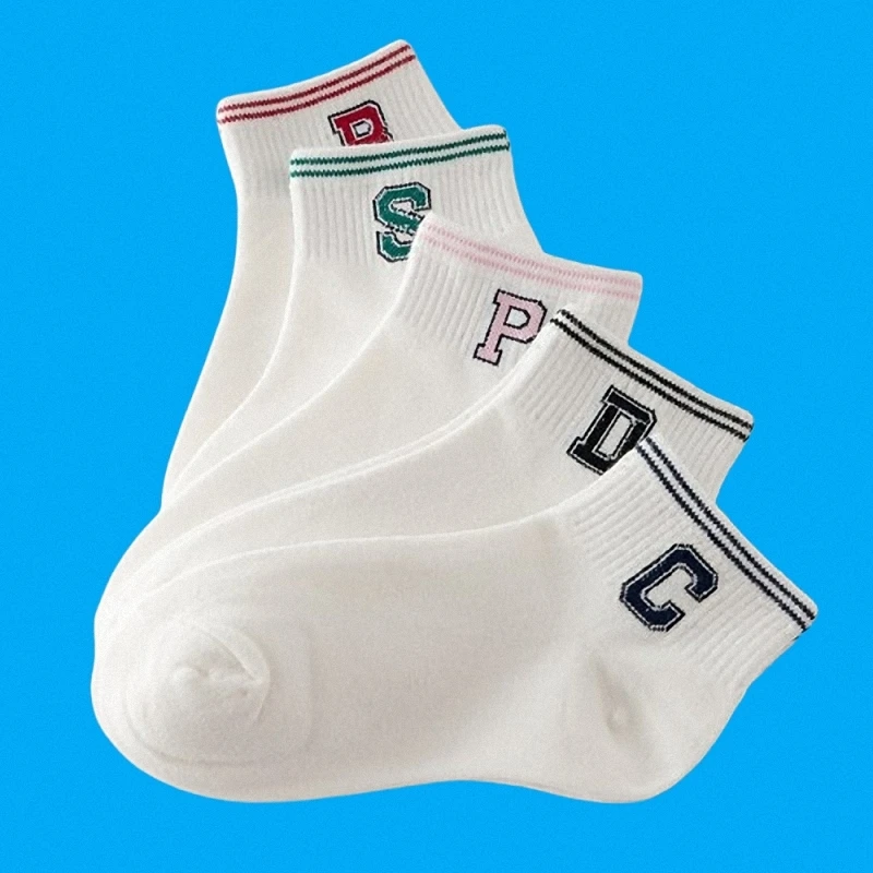 Calcetines de algodón de tubo medio para mujer, medias de alta calidad con letras, estilo universitario, doble barra, color blanco, para las cuatro estaciones, 5/10 pares