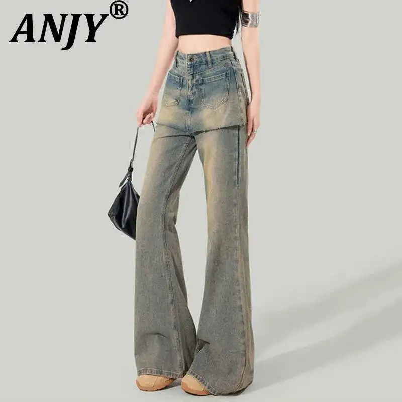 

ANJY осенние новые женские модные расклешенные джинсы из двух частей в американском стиле ретро с высокой талией и драпировкой, универсальные модные джинсовые брюки A12095