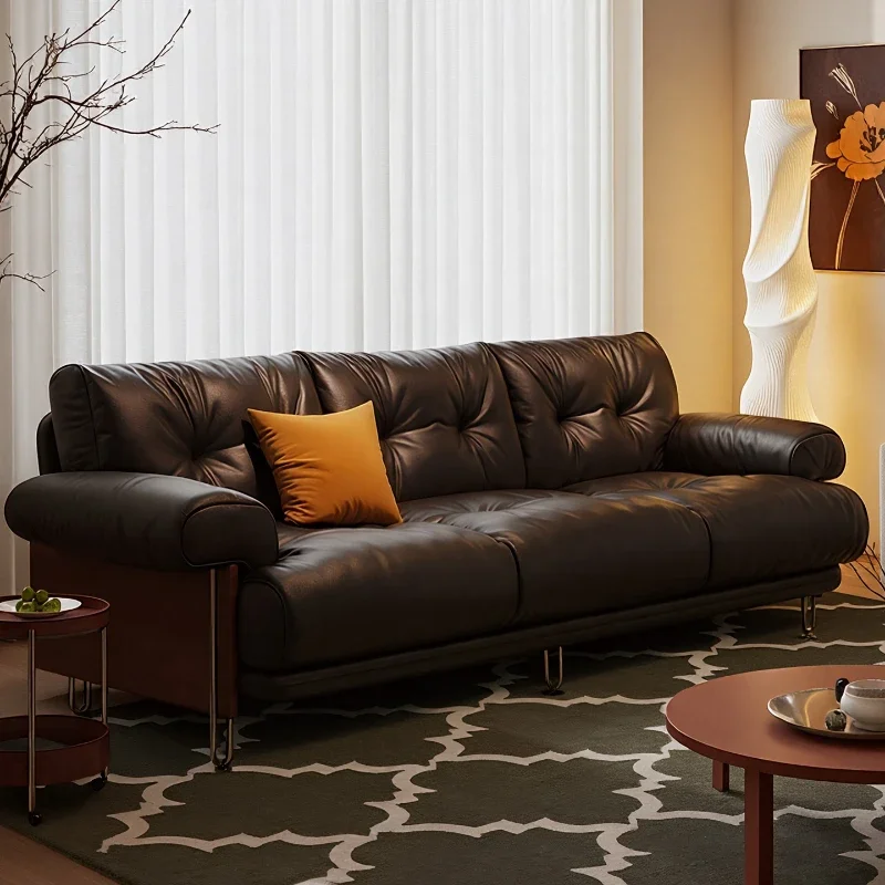 French retro leather sofa small apartment medieval Italian minimalist Bauhaus straight black oil wax leather semi-green leather