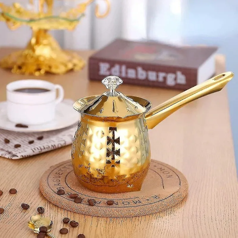 Gold Hammered Milk Pot Stainless Steel Turkish Coffee Pot with Lid Long Handle Saucepan Butter Melting Pot Kitchen Tools view 2