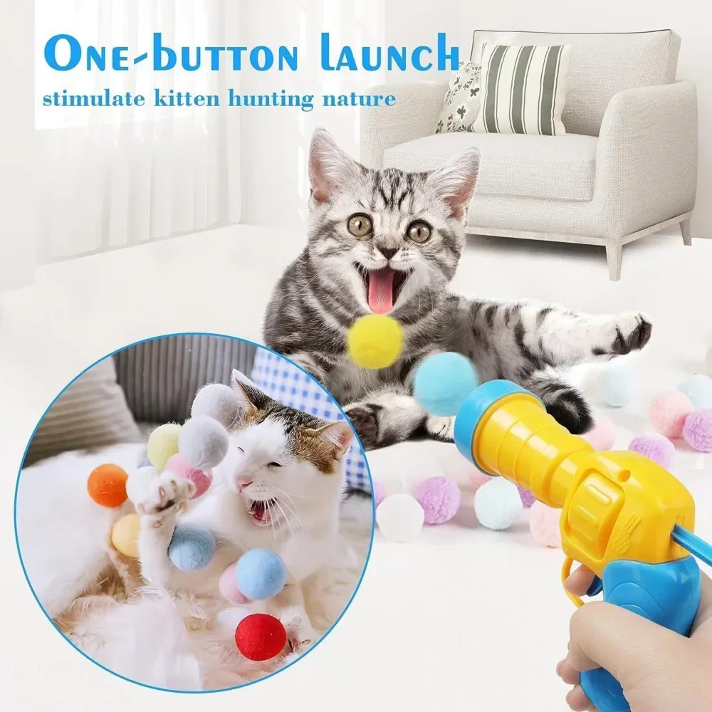 Cats Self Play Plush Ball Shooting Gun Cat Toys Interactive Kittens Mini Pompoms Launcher Games Pet Accessories Supplies Indoor