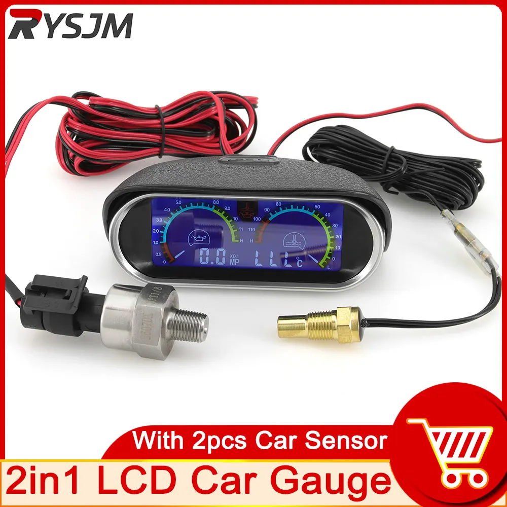 2-in-1 Car LCD Meter Digital Oil Pressure Meter Water Temperature Gauge 10mm Sensor Universal Instrument 9-36V for Truck SUV RV