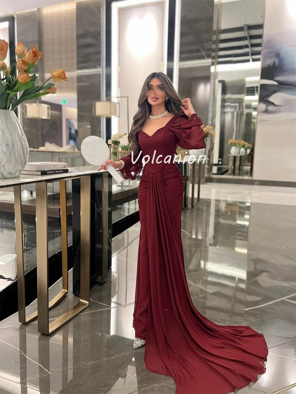 カスタマイズされたサイズが利用可能高品質シフォンドレープシャーリングストレート V ネックロングドレスオーダーメイドオケージョンドレスモダンなスタイル