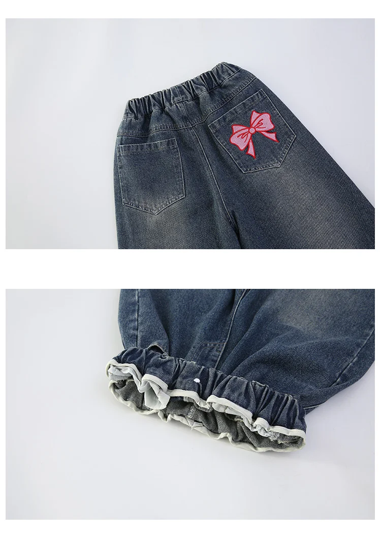 Schmal geschnittene Schulmädchen-Jeans mit Schleifen an den Gesäßtaschen, Kinder-Frühlings-Vintage-Denim-Hose mit Schleife, lässige Kinderhose – Detail 8