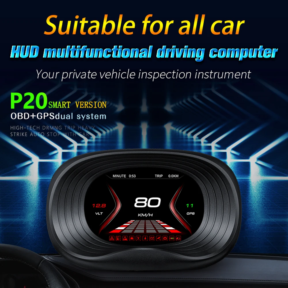 Hot Selling P20 OBD2+GPS Speedometer Alert Smart Gauge HUD Head-Up Display Auto Meter  for Autos Electronics
