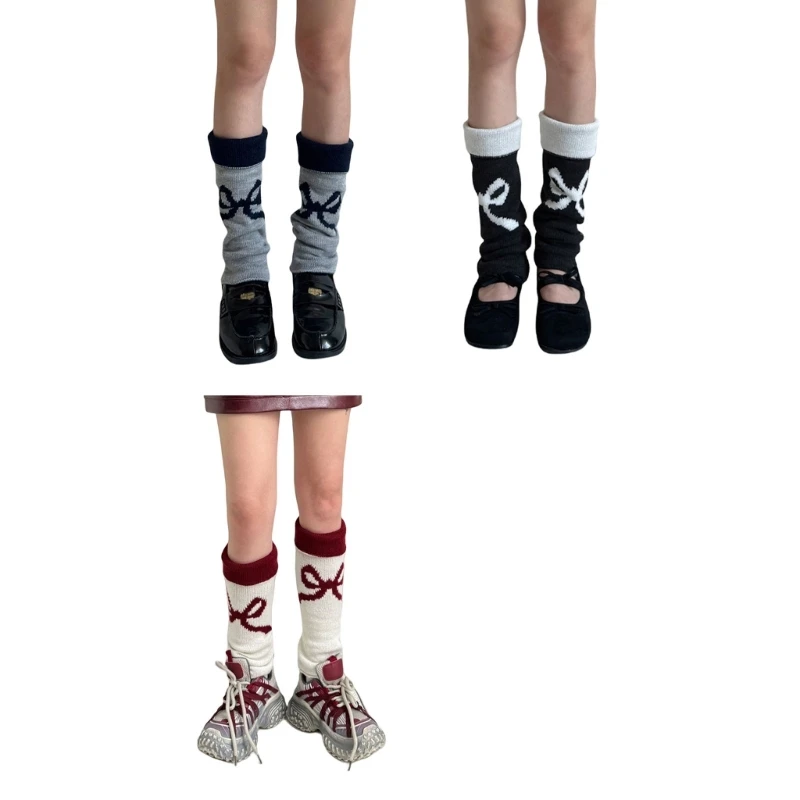 Women's Aesthetic Leg Warmers Reversible Bowknot Pattern Knit Boot Covers Socks