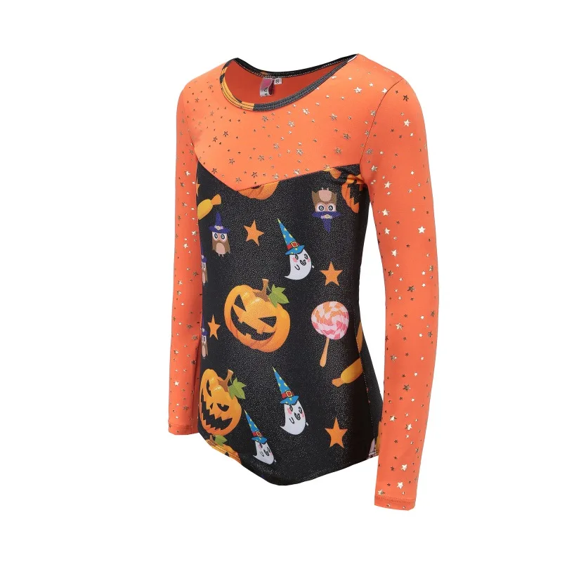 5-10Y Long-sleeved Halloween Pumpkin Head Pattern Ballet Leotard Body Suit Ballet Gymnastics Dance Practice Clothes Carnival