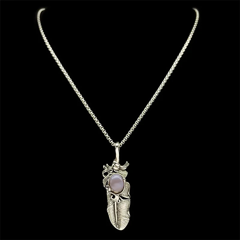 

Vintage Feather Opal Alloy Pendant Necklace for Women Men Stainless Steel Chain Silver Color Amulet Natural Stone Jewelry