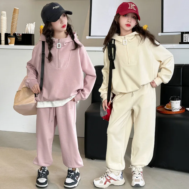 Baby Girl Clothes Suit Girls Spring Zipper Knit Casual Hoodie Set 2024 New Children Student Top Wide Leg Corset 2-piece Set