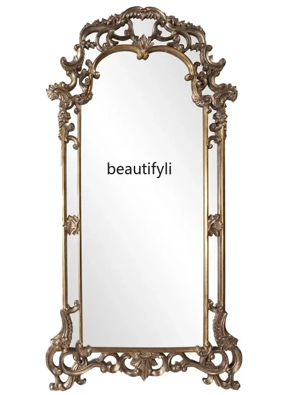 

SS NewFrench Style Full-Length Mirror Cloakroom American Retro Floor Dressing Mid-Ancient European Baroque Large Mirror Wall Han