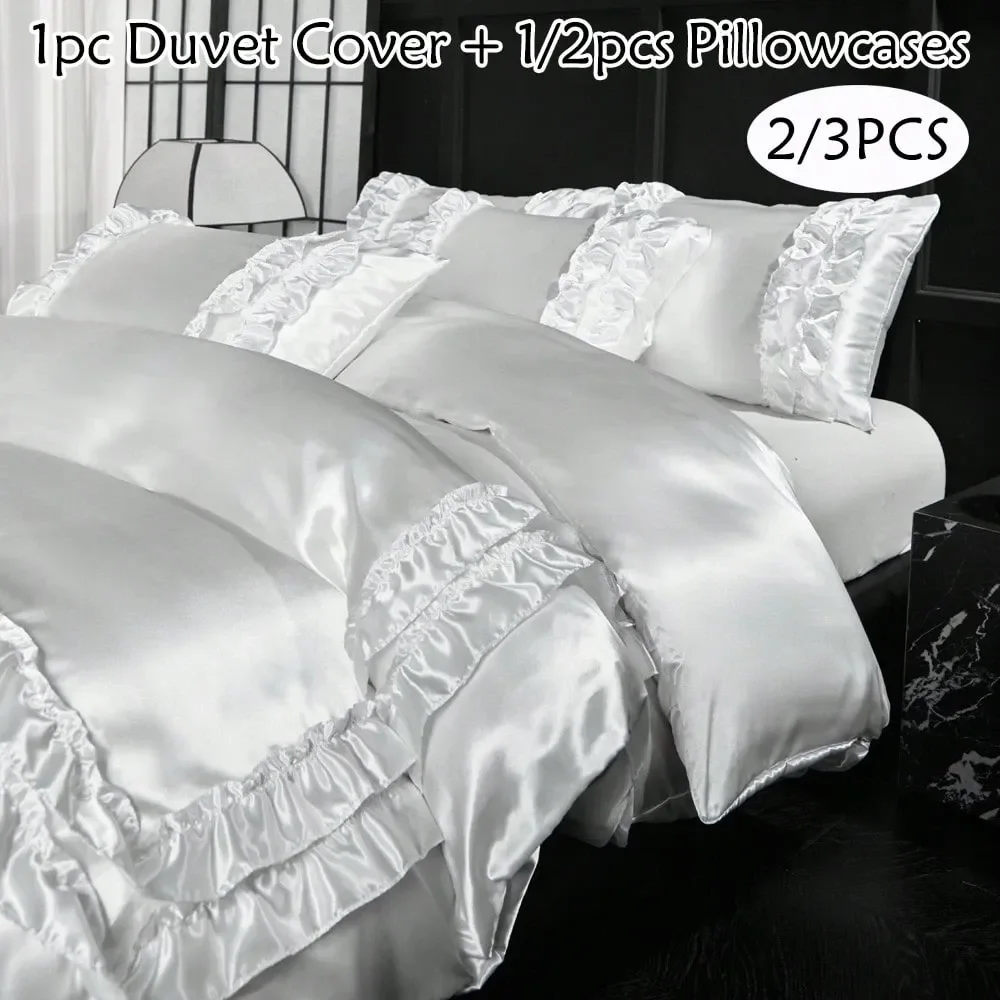 

3pcs White Faux Silk Double Ruffle Duvet Cover Set, Minimalist Luxury Modern Style Satin Bedding Set, Suitable For All Seasons,