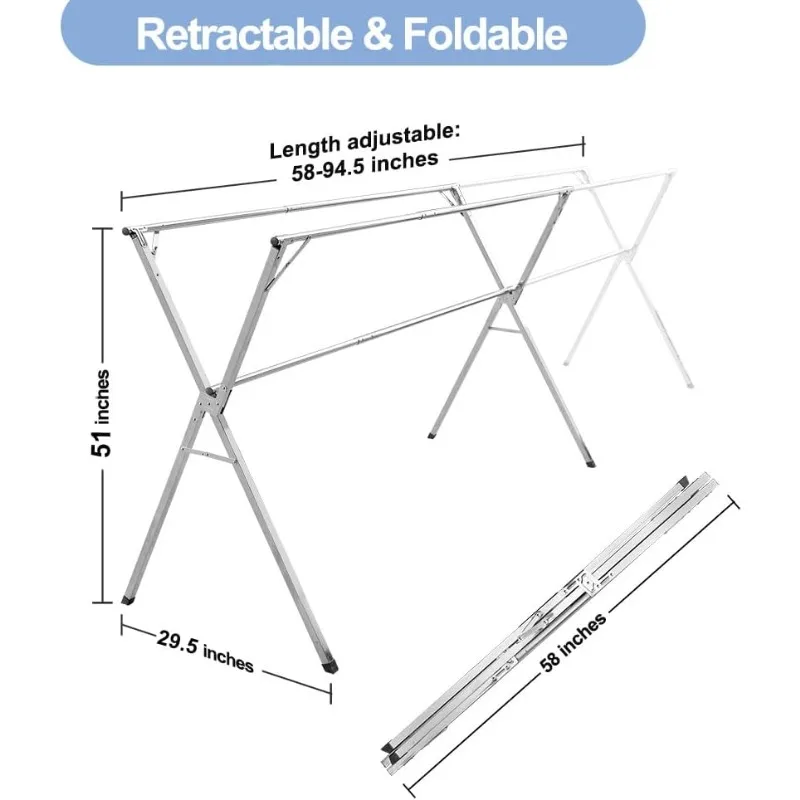 Upgrade 94.5 Inches Clothes Drying Racks, Premium Stainless Steel Adjustable and Foldable Standing Laundry Drying Rack