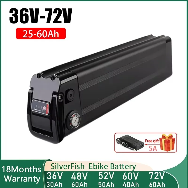 

Electric Bike 48 Volt SilverFish 36v 52v 60v 72v Batterie Vélo S26 20 24 28 35 30ah 40 50ah 60ah Lithium Battery with 5A Charger