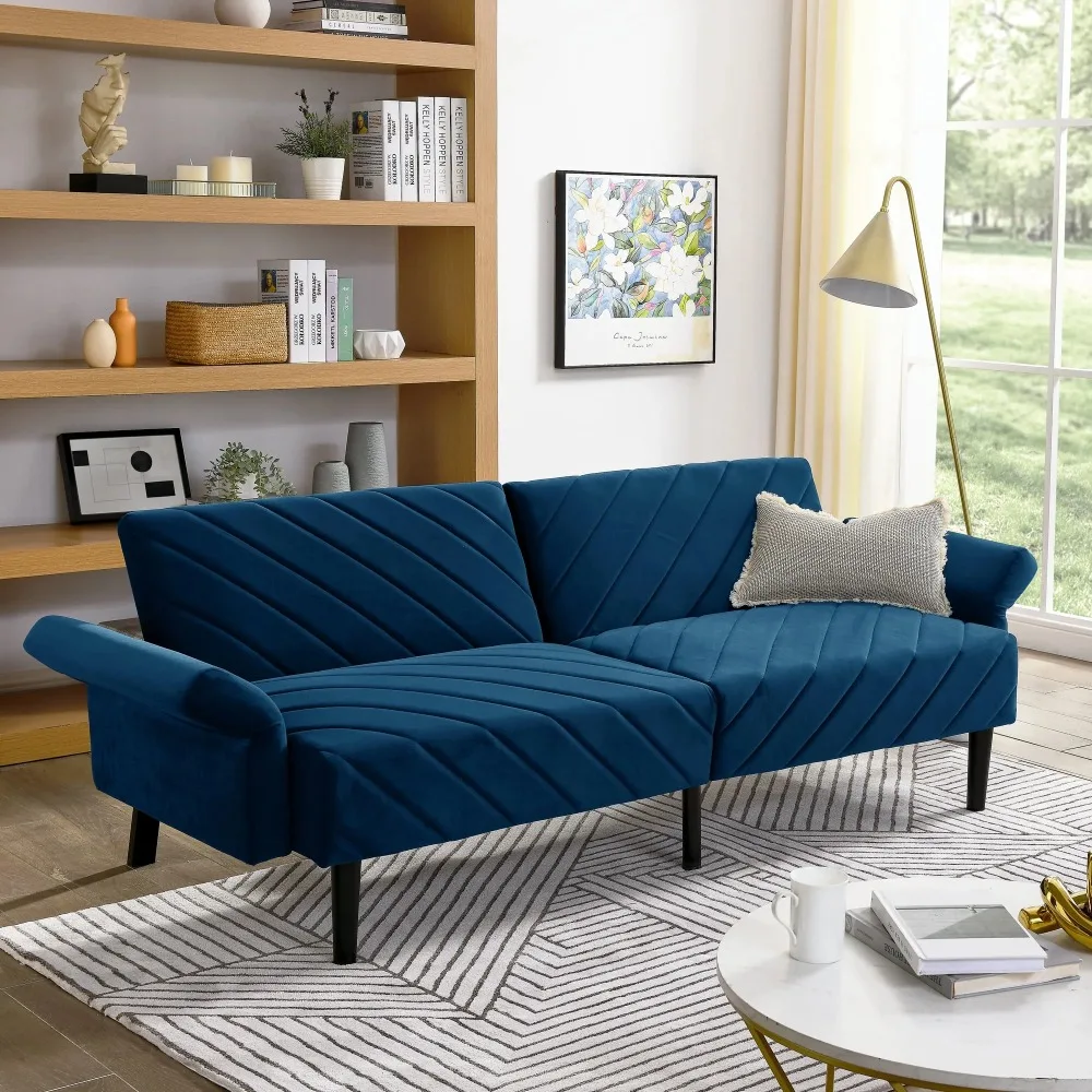 

87” Futon Sofa Bed, Velvet Fabric Comfy Futon Couch Bed, Convertible Sleeper Sofa with Adjustable Backrest& Armrests