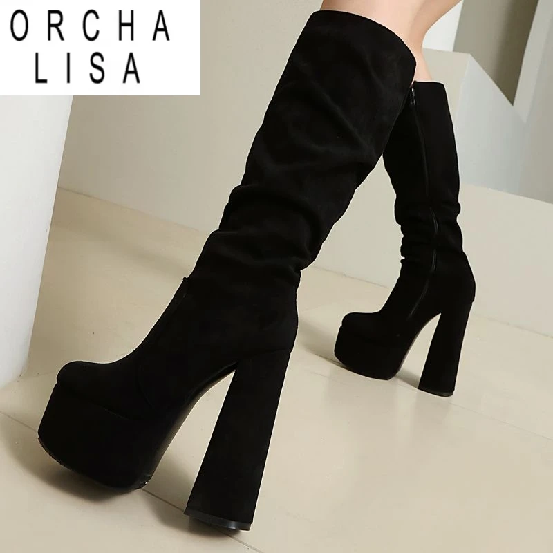 

ORCHA LISA 2025 Sexy Female Knee High Boots Round Toe Chunky Heels 14.5cm Platform 5cm Flock Suede Big Size 45 46 47 Dating Bota