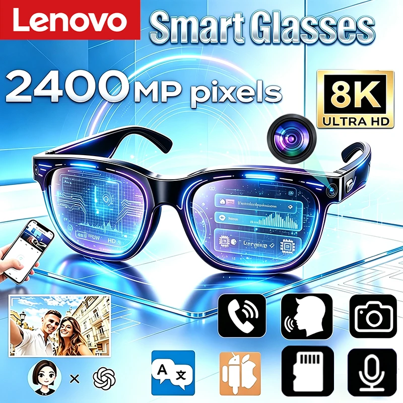 Lenovo Smart Glasses 8K HD 2400MP Remote Control Camera AI Translation Bluetooth Conversation Recording Music Smart Sunglasses