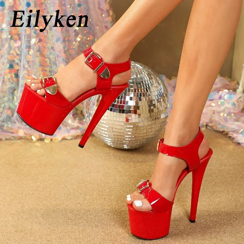 Eilyken Sexy Patent Leather Ultra High Heels Sandals Women Fashion Peep Toe Buckle Strap Nightclub Wedding Shoes Size 43