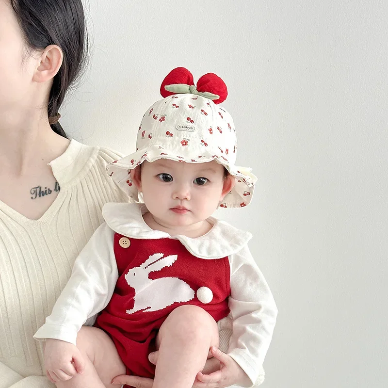 

Baby Girl Hat Print Flower Bow Basin Cap Sweet Princess Children Bowknot Fisherman Hat 3-24Month Infant Outdoor Sunshade Visors