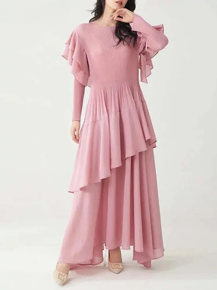 

Pleated Splicing Ruffle Women's Long Dress Round Neck A-Line Miyake Summer New 2025 Women's Elegant Evening Party Gowns Dresses