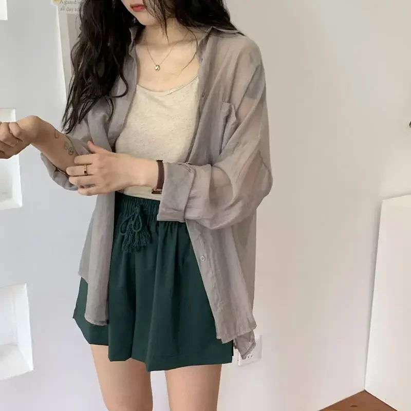

Shirts Women Fashion Elegant All-match Summer New Sun-proof Female Korean Style See Through Baggy Pure Camisas De Mujer Thin Ins