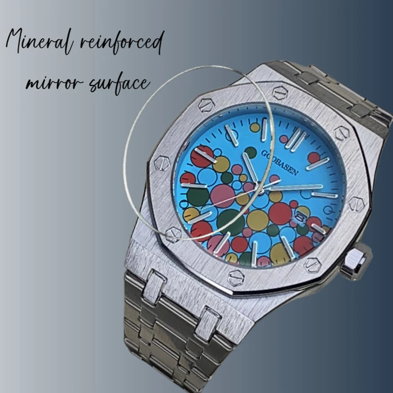 GOOBASEN Luxury Men Quartz Watch Sliver Reloj Colorful Dial Wristwatch Male Orologio Man Stainless Steel Clock Hombre Masculino