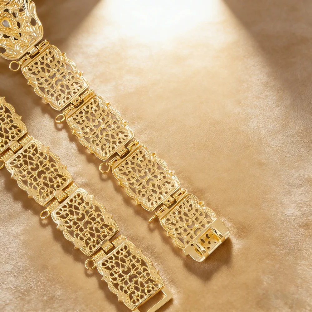 Gold-Plated Wedding Belt, Hollow Carved Floral Plaid Design, Ethnic Kaftan Bridal Corset Zinc Alloy Accessory view 3