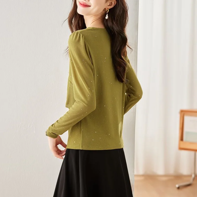 New Style Spring and Autumn Women's V-Neck Long Sleeves Loose Ruffles Pullers Fashionable Shimmery Casual Korean All Match Tops