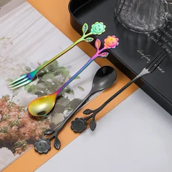 10PCS Stainless Steel Spoon Smiley Sunflower Handle Coffee Spoon Fork Gold Dessert Ice Cream Spoon TeaSpoon Kitchen Accessories