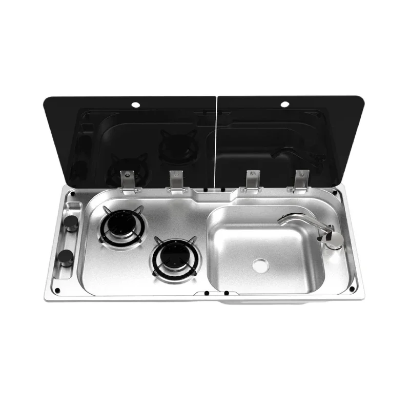 RV Stainless Steel Camping LPG RV Gas Stove And Sink Kitchen 2 Burners Gas Stove With Faucet Cooker