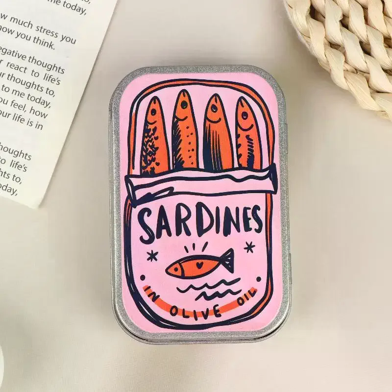 1Pcs Portable Tin Case Mini Metal Box Cute Sardine Print Tin Box Small Pill Case Travel Jewelry Storage Case Desk