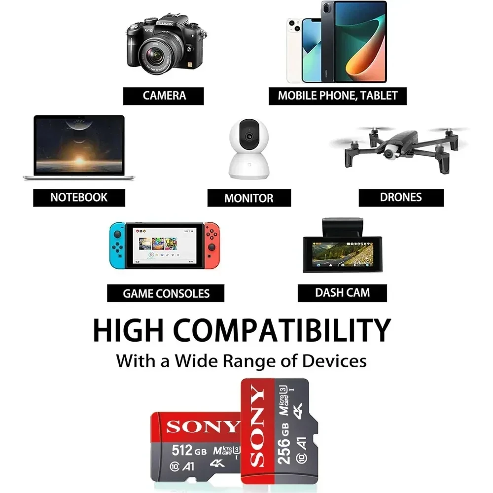 การ์ด Micro SD ของ Sony ความเร็วสูงการ์ดความจำ SD ขนาด128GB 256GB 64GB U3ไมโคร SD บัตร TF A2เหมาะสำหรับโทรศัพท์/แท็บเล็ต/ กล้องที่หลากหลาย