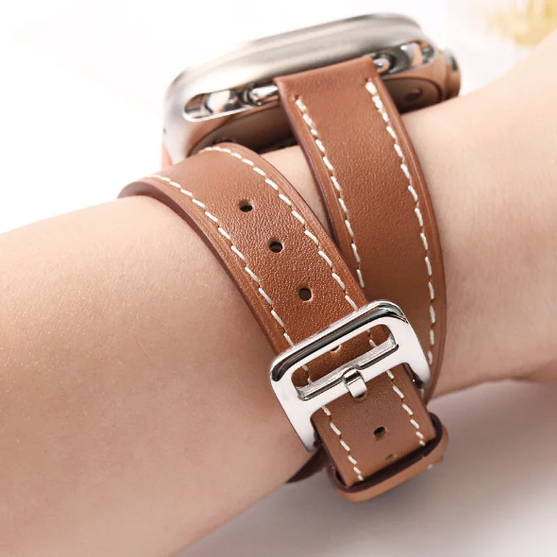 สําหรับ Apple Watch Series 49 มม.45 มม.41 มม.44 มม.40 มม.42 มม.46 มม.Double LOOP สายรัดข้อมือหนัง iWatch Ultra 10 9 8 7 6 5 SE เข็มขัด