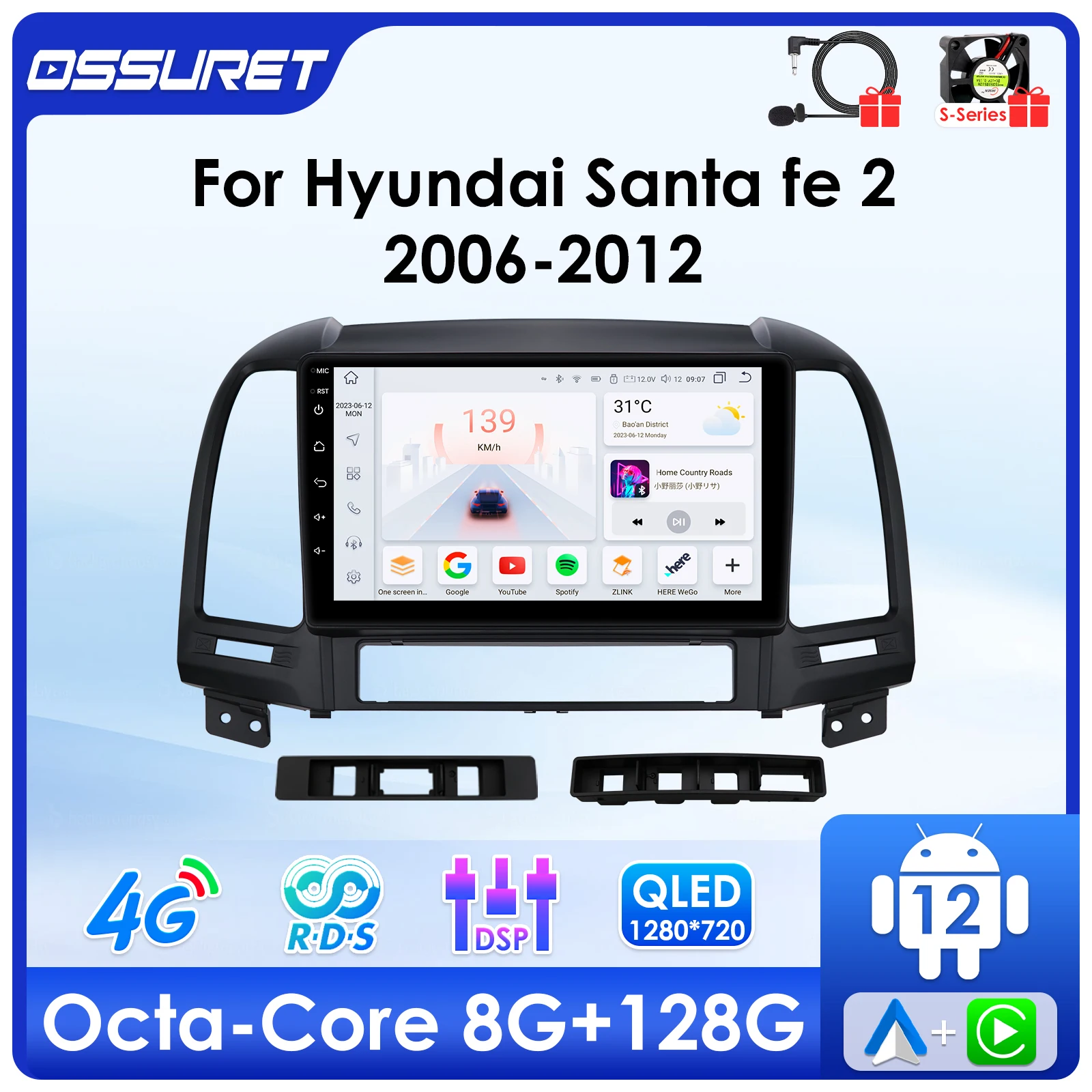 

2DIN Carplay Android Auto radio for Hyundai Sante Fe 2 2006-2012 Multimedia Video player GPS navi Stereo Audio 4G WIFI Screen