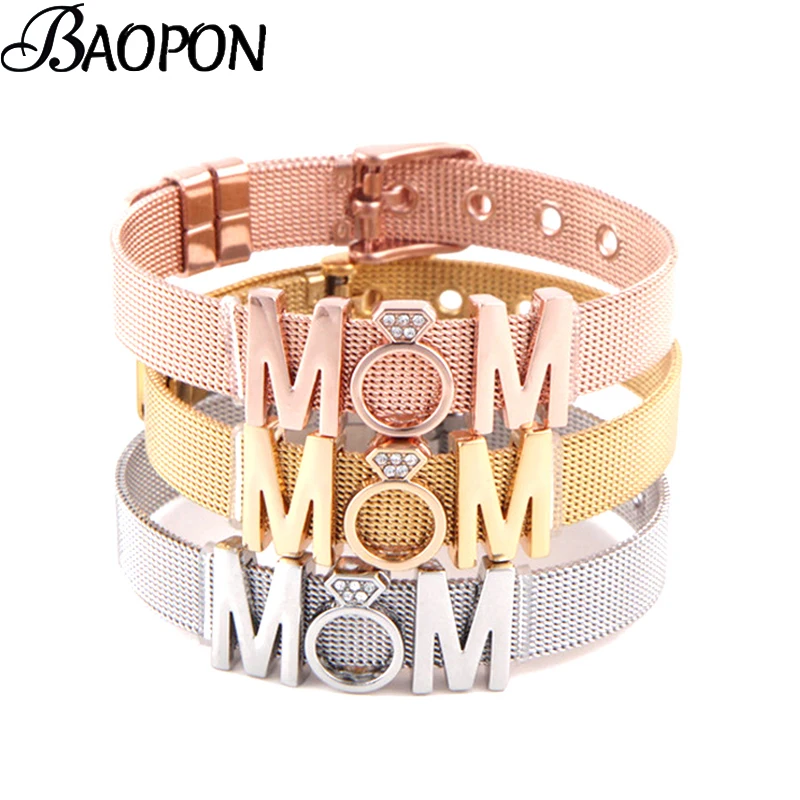 BAOPON Fashion Ladies Stainless Steel Mesh Bracelets Crystal MoM Charms Fine Bracelet Adjustable Bracelet for Mother's Day Gifts