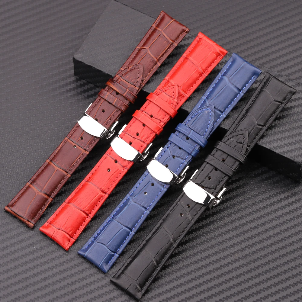 Soft Bamboo Pattern Genuine Leather Watch Strap Cowhide Watchbands 18/20/22/24mm With Stainless Steel Butterfly Buckle