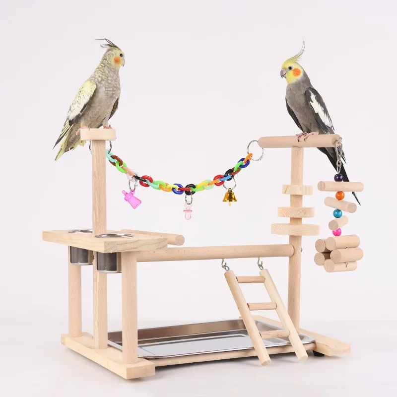 

Solid Wood Bird Feeder Parrot Game Stand Ladder Stand Bird Toy Set Swing