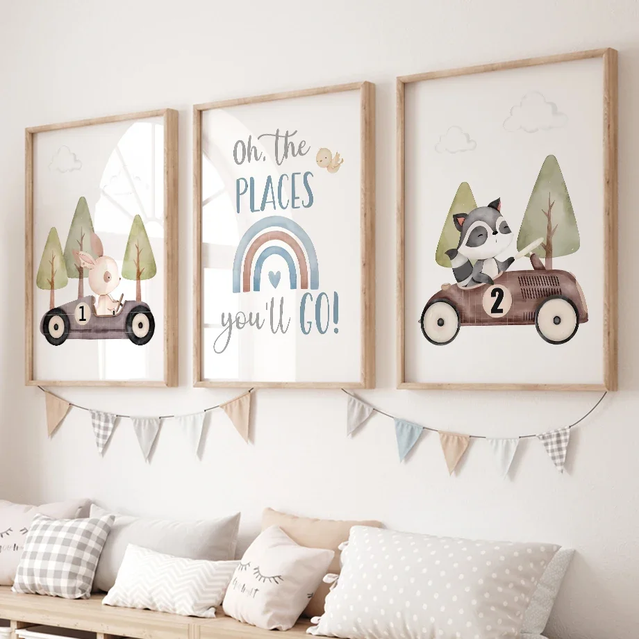 Retro Racing Cars Poster Rabbit Elephant Bear Sun Rainbow Woodland Animal Print Nursery Wall Art Canvas Pictures Kids Room Decor