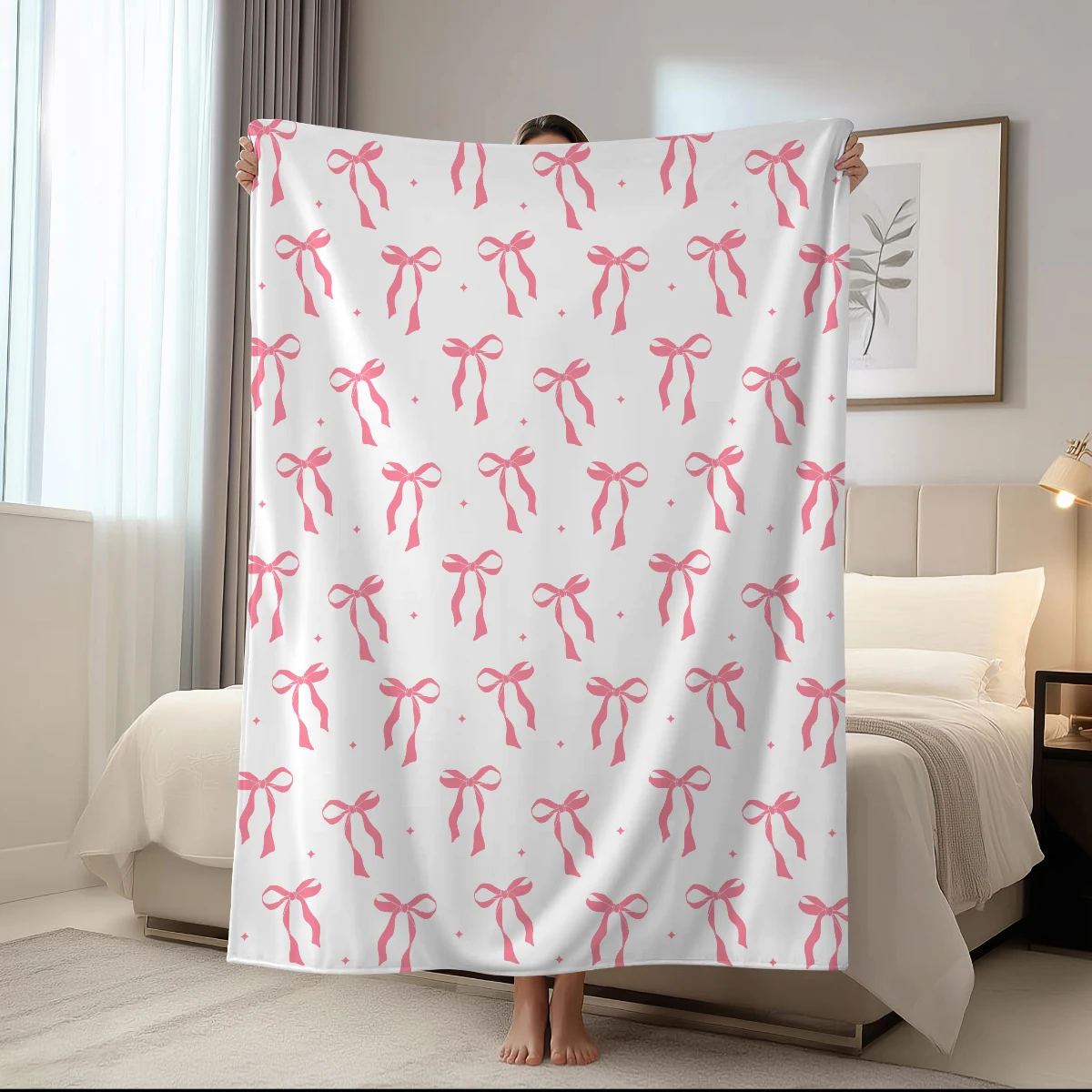 

1pc Pink bow flannel blanket, nap blanket, suitable for sofas, beds, cars, rooms, offices, camping, exquisite gift blankets