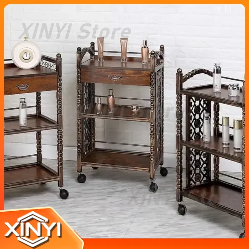 Retro Spa Furniture Barber Cosmetic Trolley Cart for Salon Storage Rotating Serving Hair Aesthetics Rollwagen Beauty Delivery