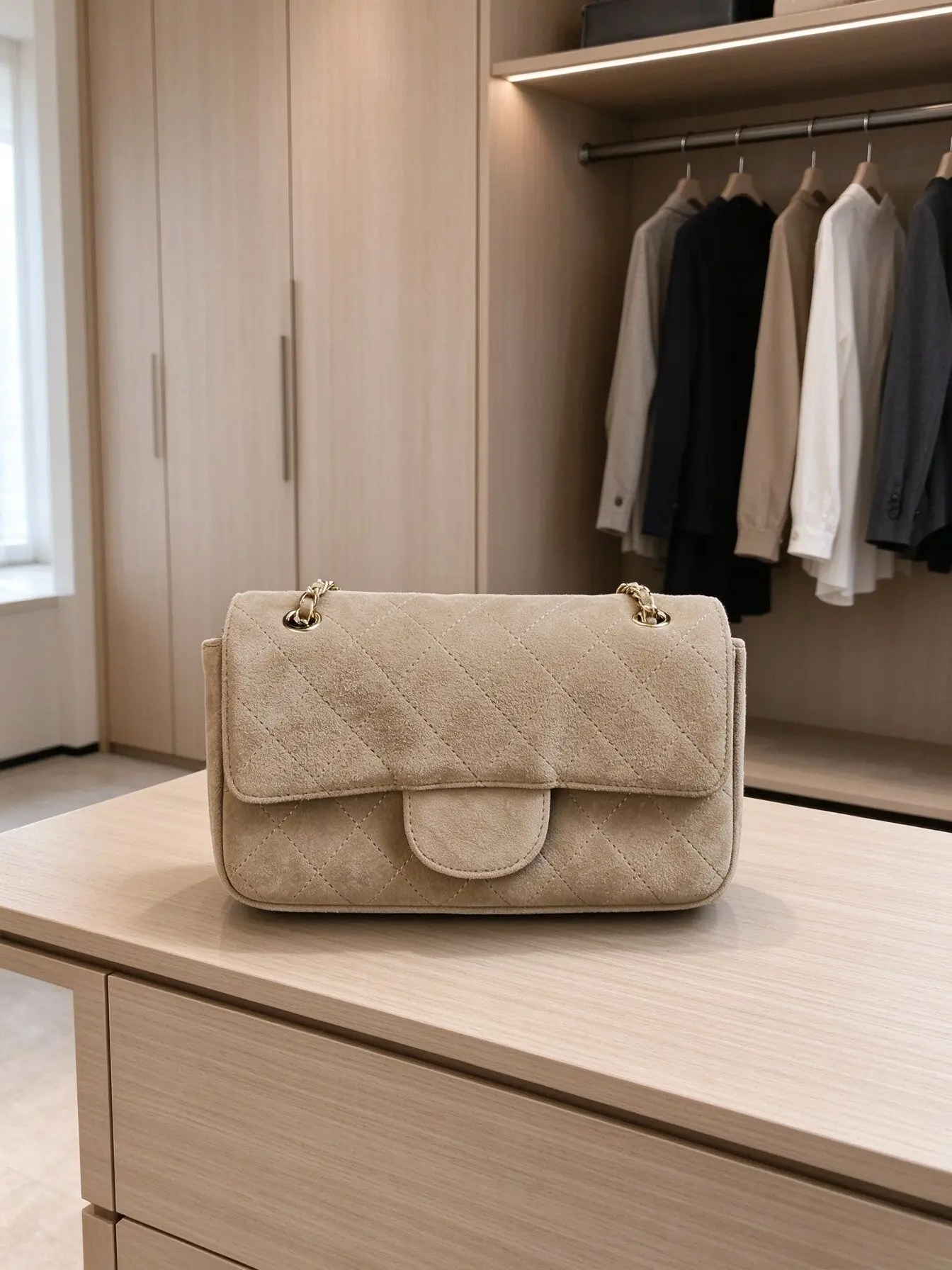 Women Flap Chain Shoulder Bag Faux Suede Diamond Quilted Pattern Gold Metal Chain Ladies Crossbody Handbag