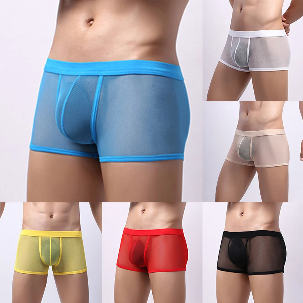 Men Sexy Mesh Underpants Ultrathin Seamless Panties Middle-Waist Boxers Briefs Male Transparent Lingerie See Through Underwear