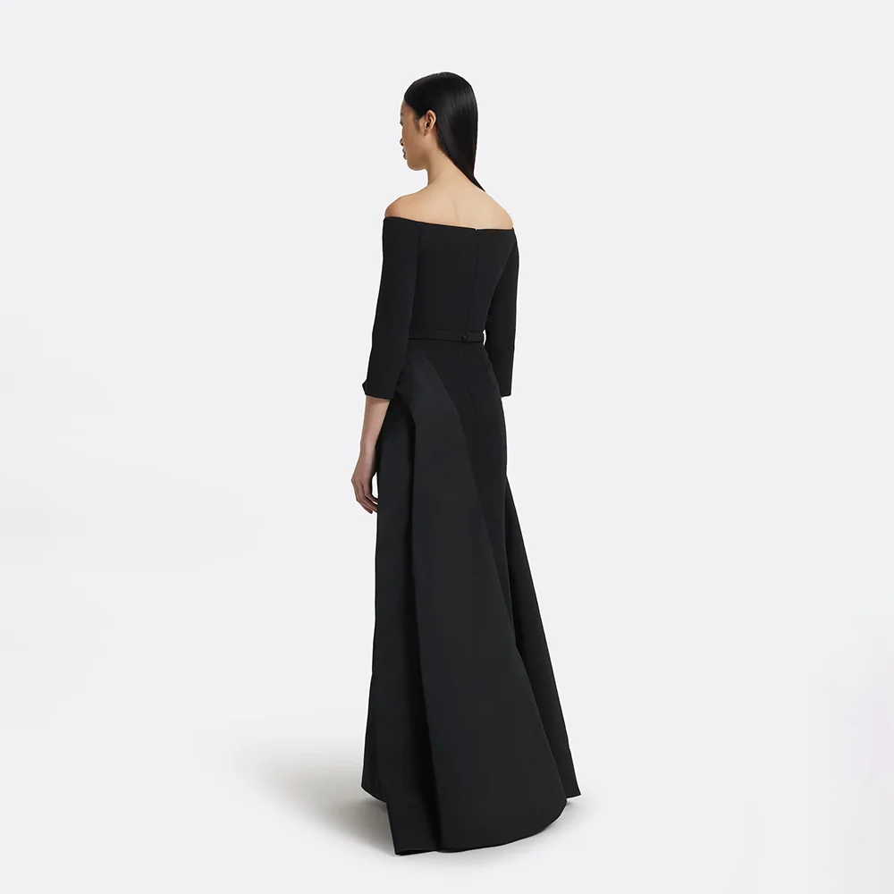 Schwarzes Abendkleid, maßgeschneidert, schulterfrei, 3/4-Ärmel, Abendkleider für Damen, 2022, A-Linie, Oberschenkelschlitz, lange Ballkleider