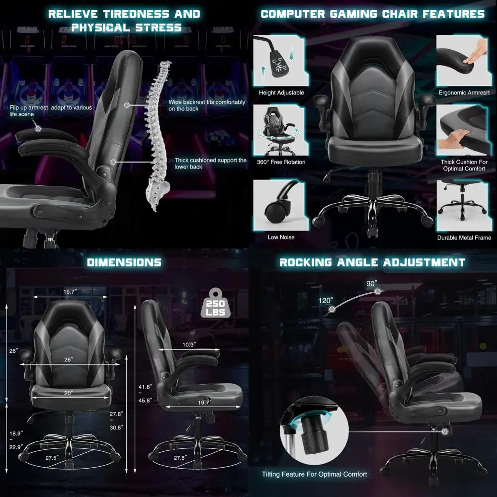 

Ergonomic Gaming Office Chair for Adults, Adjustable Height, Padded Swivel Chair with Flip-Up Armrests, Grey Leather 360° Rollin