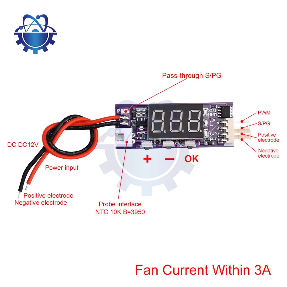 DC12V PWM Fan Temperature Control Regulator Small 4-Wire Temperature And Speed Digital Display Supports 3A 2-3P Plug Probe Lead